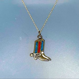 2-sided sterling, coral, turquoise cowboy boots pendant necklace, sterling chain